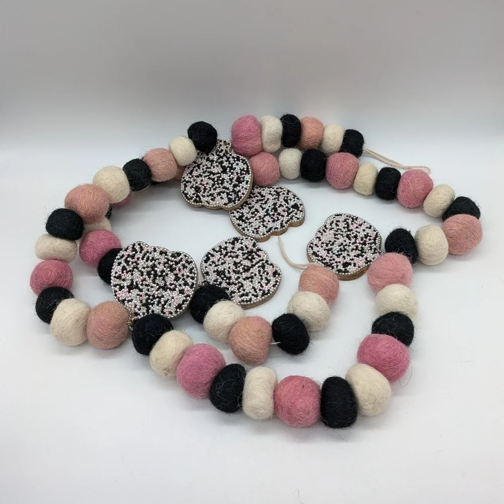 Pink Cream Black Wool Pom Pom & Beaded Wood Pumpkin Fall Garland